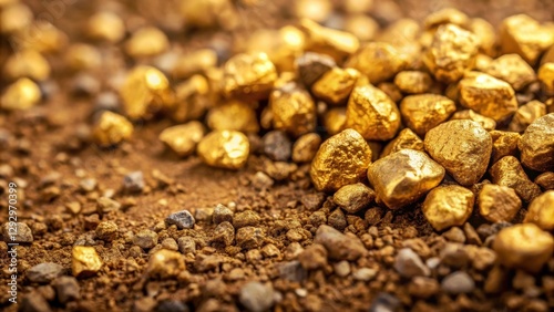 A close-up shot of rough dirt revealing small golden nuggets scattered throughout its surface texture, with hints of soil and stone in the background , nature, natural