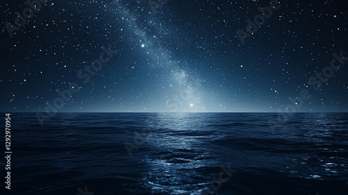 Starry night sky over dark ocean.