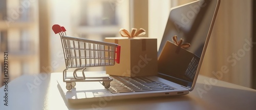 Online shopping concept with laptop and cart. photo
