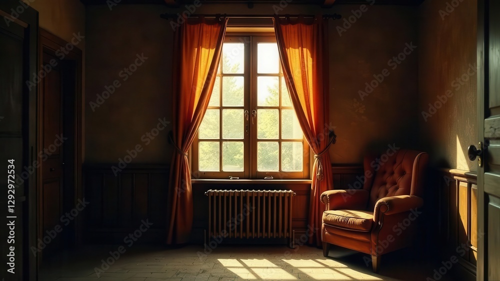 Sunlit Room with Antique Chair and Draped Curtains Sunlit Room with Antique Chair and Draped Curtains