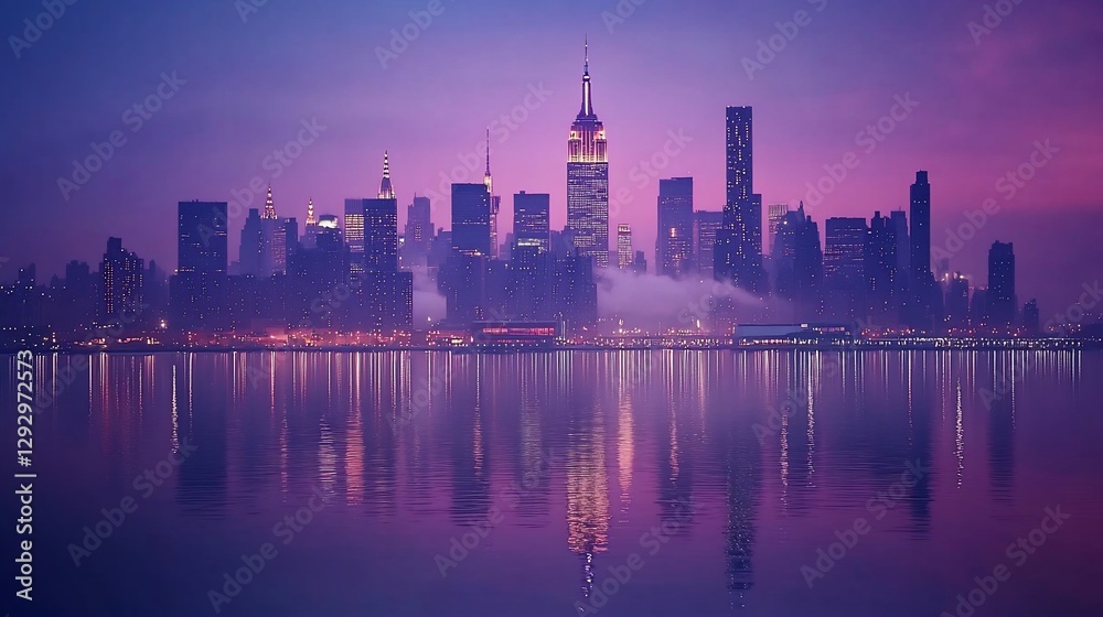 Obraz premium Cityscape skyline silhouette at dusk, with lights reflecting on the water
