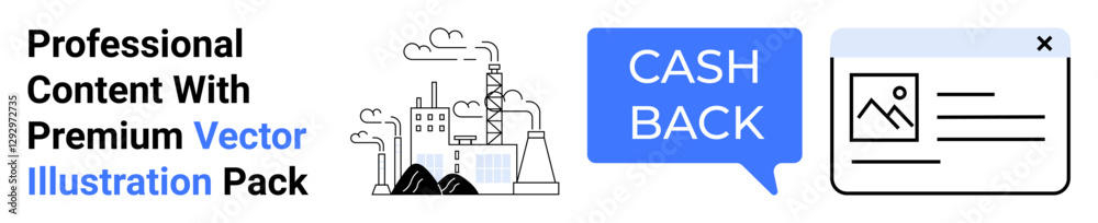 Factory emitting smoke, cashback text in speech bubble, and digital content window. Ideal for finance, manufacturing, advertising, technology, digital marketing, economy flat landing page banner Factory emitting smoke, cashback text in speech bubble, and digital content window. Ideal for finance, manufacturing, advertising, technology, digital marketing, economy flat landing page banner