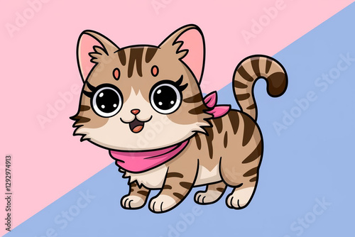 Funny cartoon cat in kawaii style with big eyes and fluffy fur, pink and blue background. generative AI