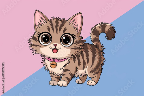 Funny cartoon cat in kawaii style with big eyes and fluffy fur, pink and blue background. generative AI