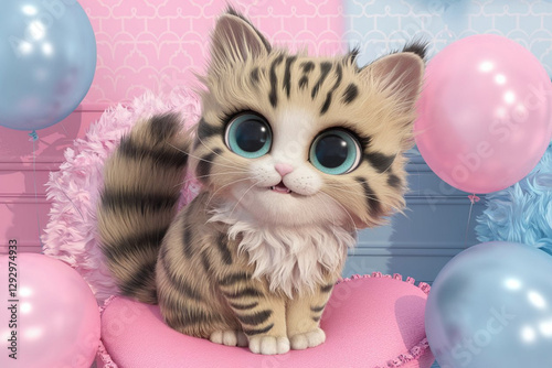 Funny cartoon cat in kawaii style with big eyes and fluffy fur, pink and blue background. generative AI