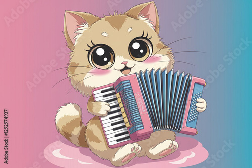 Funny cartoon cat in kawaii style with big eyes and fluffy fur, pink and blue background. generative AI