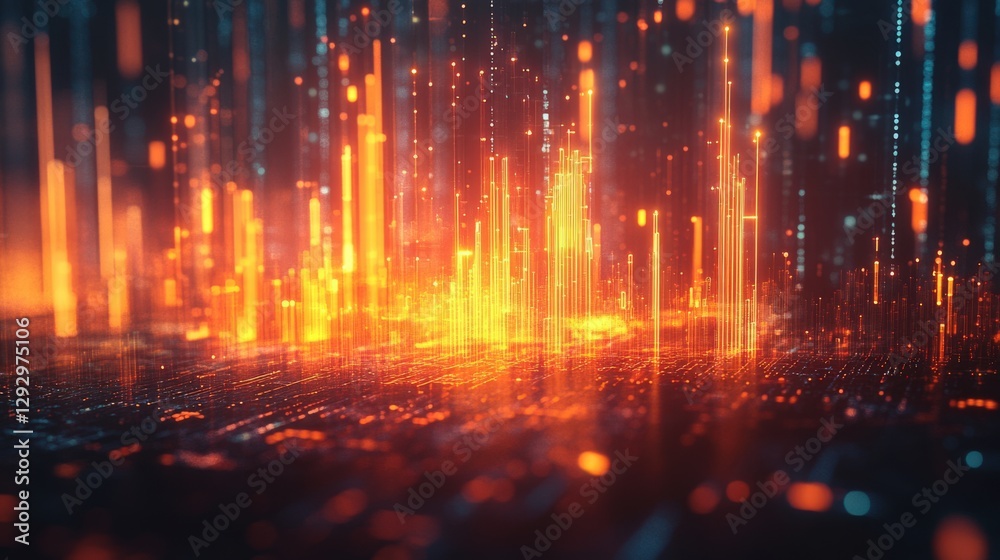 Obraz premium Abstract Digital Landscape Featuring Vibrant Orange and Blue Light Columns Representing Data Streams in a Futuristic Technology Environment