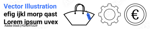 Handbag with a price tag, gear icon, and euro coin symbolizing shopping, manufacturing, and economy. Ideal for e-commerce, retail, industry, finance marketing pricing and flat landing page banner