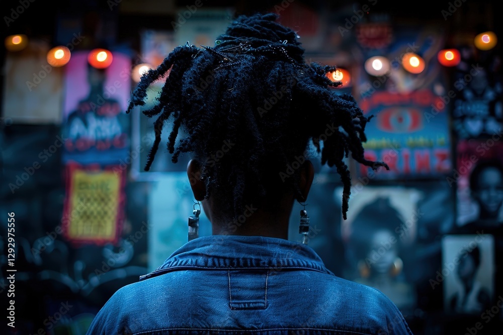 Obraz premium A figure with dreadlocks stands in front of a vibrant, artistic backdrop featuring colorful posters and soft lighting.