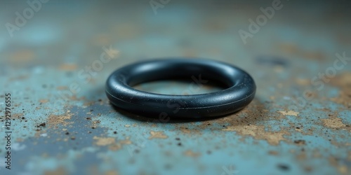 Close-up of a dark circular gasket resting on a textured, aged surface