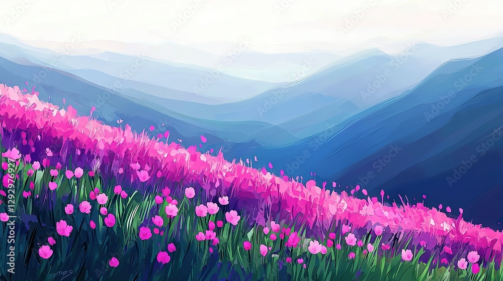 Fototapeta premium A field of pink flowers in front of a mountain range with a blue sky as background