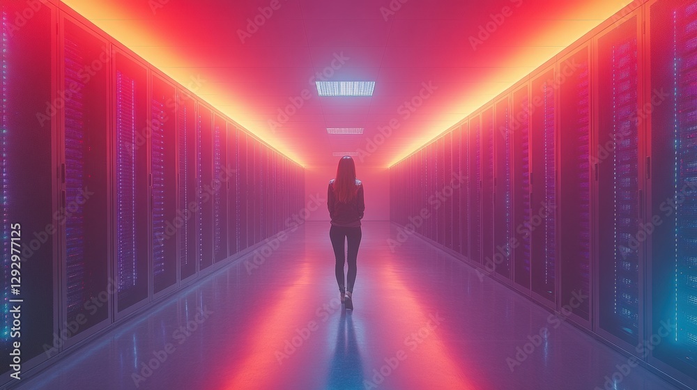 Surreal Scene of a Person Walking in a Neon-Lit Server Room Surreal Scene of a Person Walking in a Neon-Lit Server Room