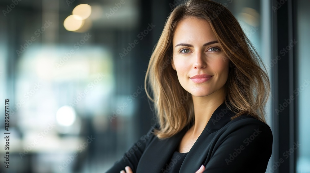 Obraz premium Confident businesswoman in a modern office, embodying professionalism and leadership.