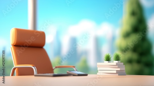 Wallpaper Mural A spacious corporate office desk with a high back leather chair, a desktop computer with multiple monitors, a landline phone, and a neatly organized stack of files, conveying a sense of Torontodigital.ca