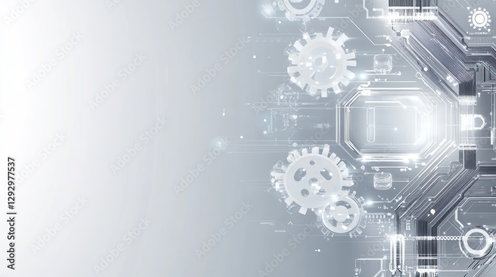 Obraz premium Abstract digital circuit board with gears and glowing elements.
