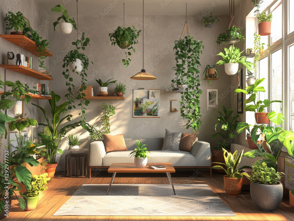 Fototapeta premium cozy living room filled with lush green plants, featuring comfortable sofa, wooden shelves, and natural light streaming in