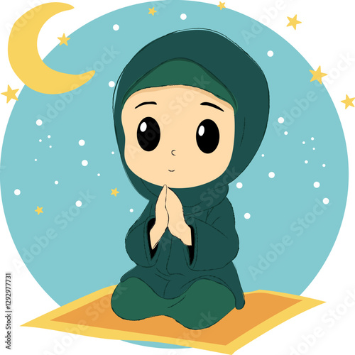 A cartoon image of a little boy praying on a carpet on a night with a crescent moon and stars, representing the Muslims praying during the Ramadan festival.