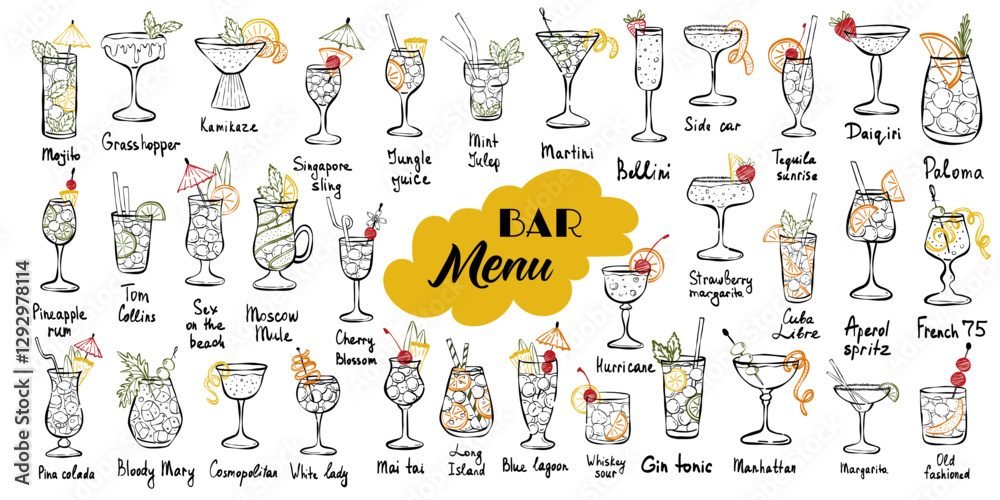 Obraz premium Hand drawn doodle cocktails. Alcoholic drinks in glasses collection. Sketch gin tonic, margarita, mojito, martini. Cocktail with rum, gin, champagne, whiskey vector set. Illustration for drinks cards,