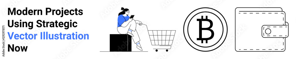 Woman using phone beside shopping cart, cryptocurrency Bitcoin symbol, leather wallet icon. Ideal for e-commerce, fintech, blockchain, digital payments, online transactions, retail flat landing page Woman using phone beside shopping cart, cryptocurrency Bitcoin symbol, leather wallet icon. Ideal for e-commerce, fintech, blockchain, digital payments, online transactions, retail flat landing page