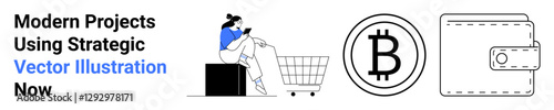 Woman using phone beside shopping cart, cryptocurrency Bitcoin symbol, leather wallet icon. Ideal for e-commerce, fintech, blockchain, digital payments, online transactions, retail flat landing page