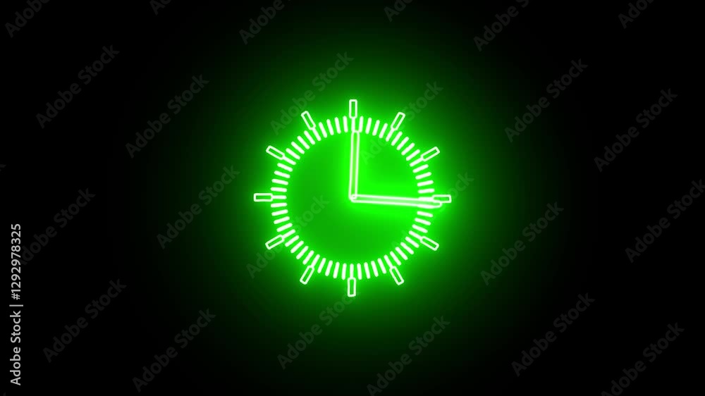 clock icon neon glowing Green color animation. black background 24 hour fast digital clock.