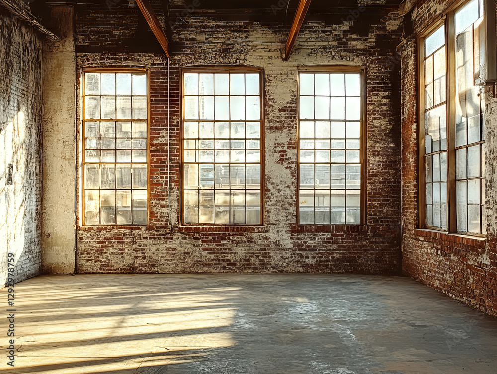 Fototapeta premium Spacious industrial loft with large windows and exposed brick walls, perfect for creative projects