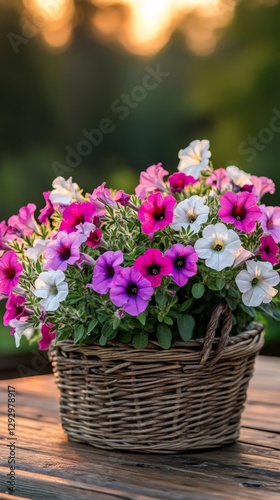 Colorful petunias in a wicker basket on wooden table at sunset, vibrant pink, purple, and white flowers. Floral arrangement and gardening aesthetics concept