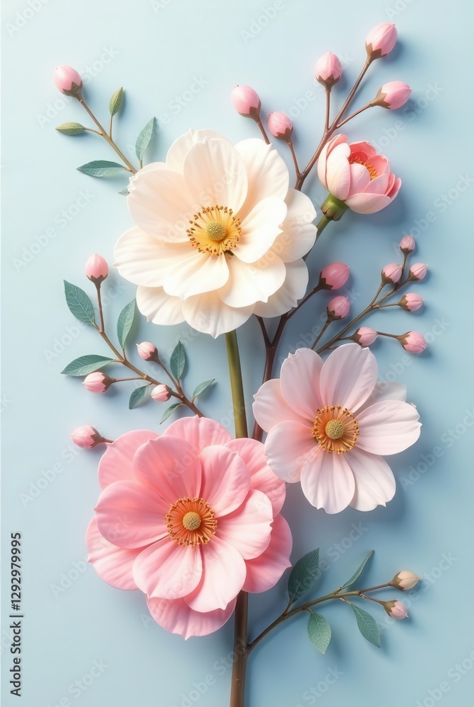 Delicate pastel blossoms arranged on a branch, showcasing a springtime floral composition with soft pink and creamy white petals against a serene light blue background. Delicate pastel blossoms arranged on a branch, showcasing a springtime floral composition with soft pink and creamy white petals against a serene light blue background.