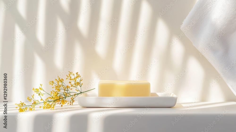 A single bar of soap on a white ceramic soap dish, with a neutral background and natural lighting, emphasizing the product simplicity and purity. A single bar of soap on a white ceramic soap dish, with a neutral background and natural lighting, emphasizing the product simplicity and purity.