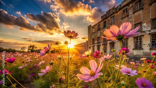 Cosmos Flowers Field, Urban Exploration Photography, Abandoned Building, Surreal Sunset, Vibrant Blooms