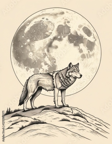 Monochrome lineart of a wolf standing on a hill with a full moon in the background