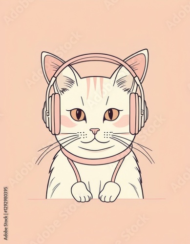 Cute illustrated cat wearing headphones on a pastel background