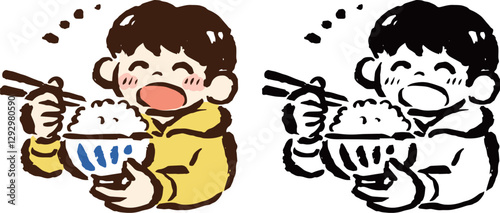 山盛りのごはんを食べる男の子　筆タッチ手描きイラスト・線画セット