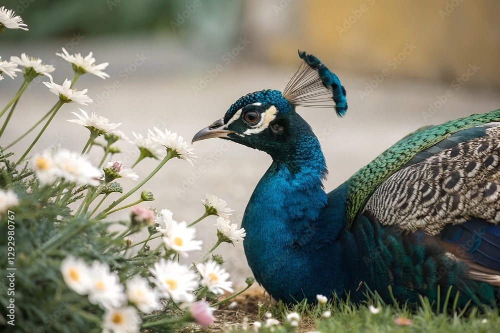 Minimalistic photo of a peacock resting beside flowers, extreme close-up highlighting its shimmering plumage and serene gaze, softly blurred background. Minimalistic photo of a peacock resting beside flowers, extreme close-up highlighting its shimmering plumage and serene gaze, softly blurred background.