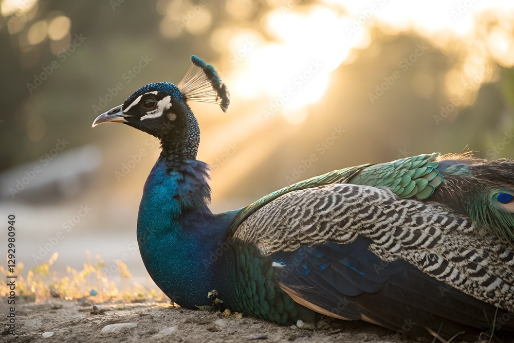 Minimalistic photo of a peacock resting in the sun, extreme close-up highlighting the detailed texture of its feathers, softly blurred background. Minimalistic photo of a peacock resting in the sun, extreme close-up highlighting the detailed texture of its feathers, softly blurred background.