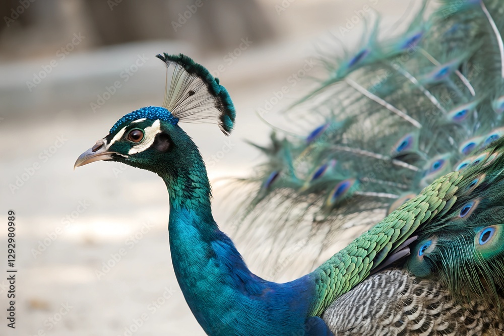 Obraz premium Minimalistic photo of a peacock displaying its vibrant tail feathers, extreme close-up focusing on the iridescent blues and greens, softly blurred background.