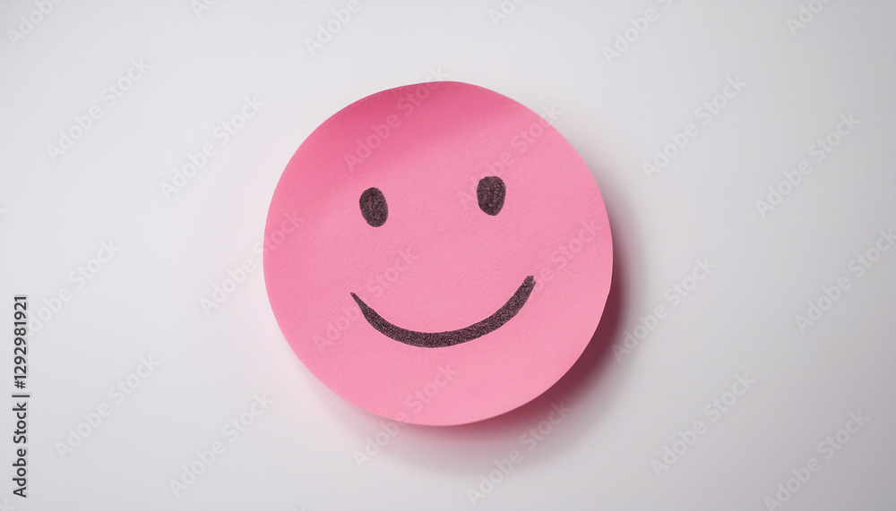 Fototapeta premium Pink sticky paper note with drawn happy emoji face on white background. Emotion, mental state