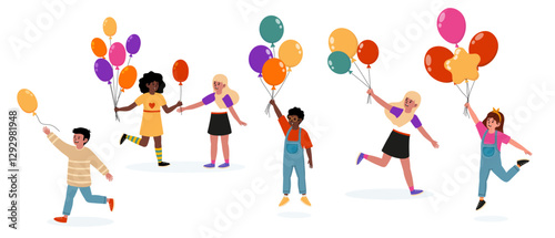 Children celebrating joyfully with colorful balloons at a festive outdoor gathering