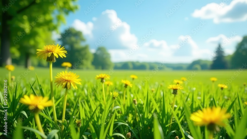 Bright Yellow Dandelions in a Lush Green Meadow Under a Sunny Sky Bright Yellow Dandelions in a Lush Green Meadow Under a Sunny Sky