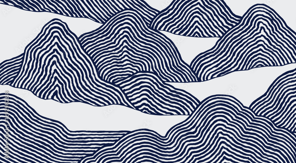 Crafted hand drawn brush line abstract wave or mountains background, Japanese and ethnic folk wood carving, engraving, weaving textured surface, simple graphic for textile, carpet, gift wrap
