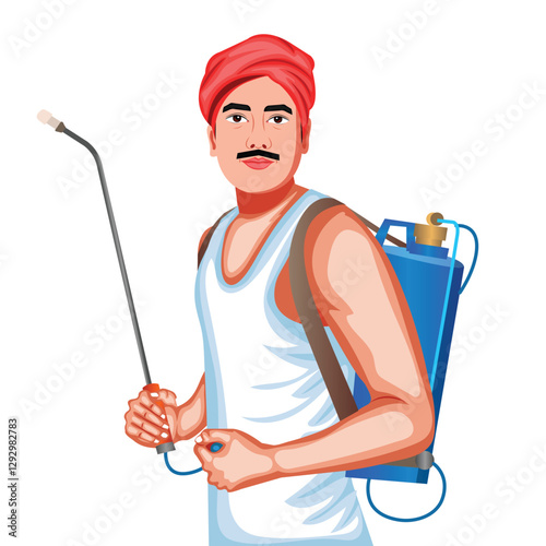 Indian Farmer Spraying Fertilizer Cartoon Character Vector Illustration