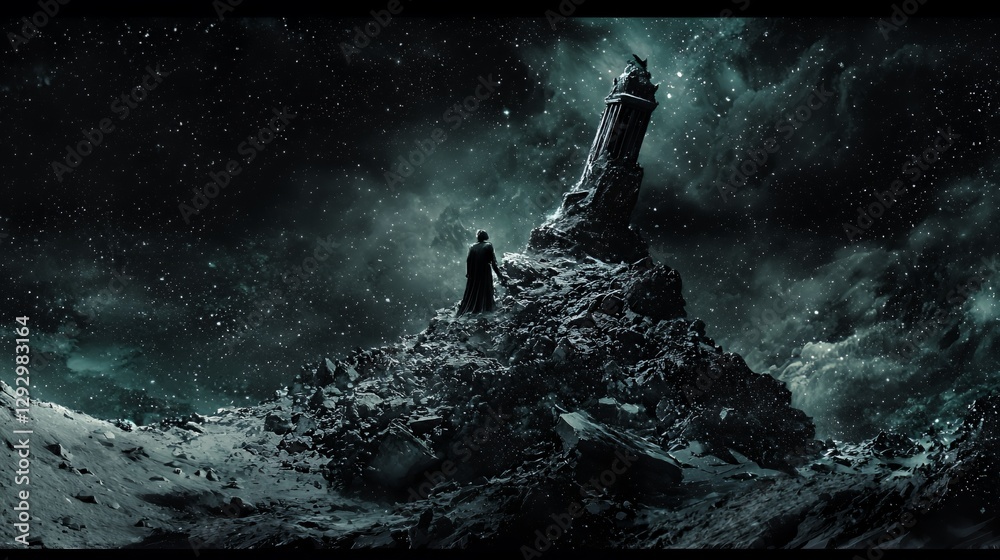 Obraz premium Solitary Figure on Snowy Mountain Peak Under Starry Night Sky