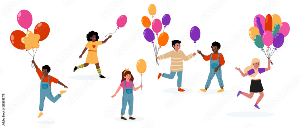 Children enjoying a colorful balloon celebration in a joyful outdoor festival Children enjoying a colorful balloon celebration in a joyful outdoor festival
