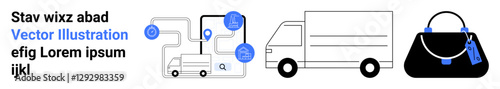 Delivery truck, route map with navigation markers, and a black handbag with a blue tag. Ideal for logistics, delivery services, ecommerce, fashion, travel, retail gifting flat landing page banner