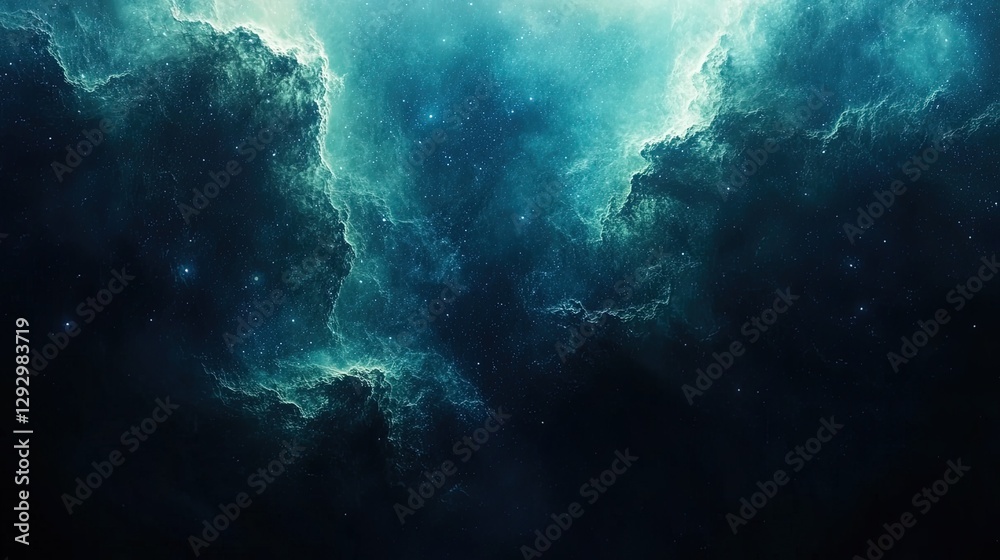 Nebula with dark blues and deep greens, resembling an underwater galaxy filled with stars Nebula with dark blues and deep greens, resembling an underwater galaxy filled with stars