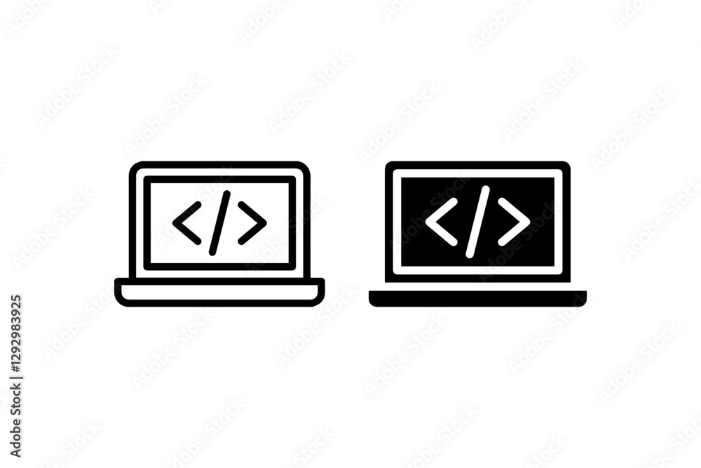 Laptop with coding symbol in outline and solid Vector Laptop with coding symbol in outline and solid Vector