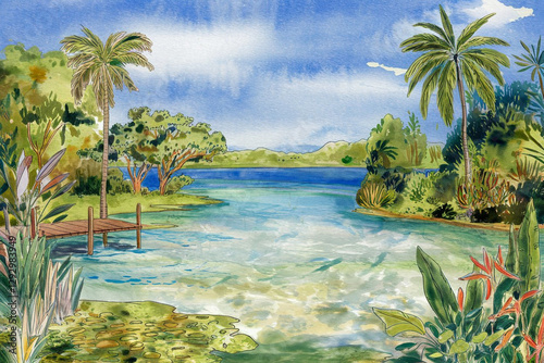 Elegant watercolor illustration of a tropical landscape, detailed drawing and soft colors, generative ai
