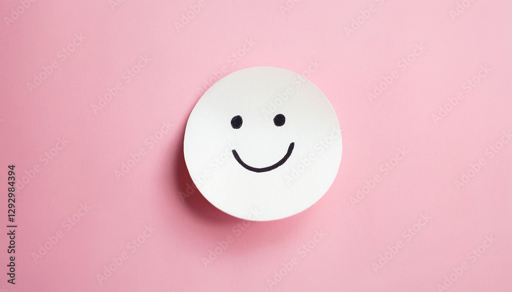 Fototapeta premium White sticky paper note with drawn happy emoji face on pink background. Emotion, mental state