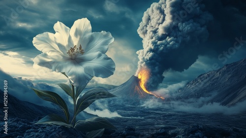 White lily blooming with erupting volcano in background, dramatic contrast of nature's beauty and power. Environmental change and resilience concept