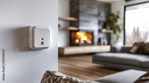 Carbon monoxide alarm in a cozy living room near a gas heater. Featuring safety and prevention